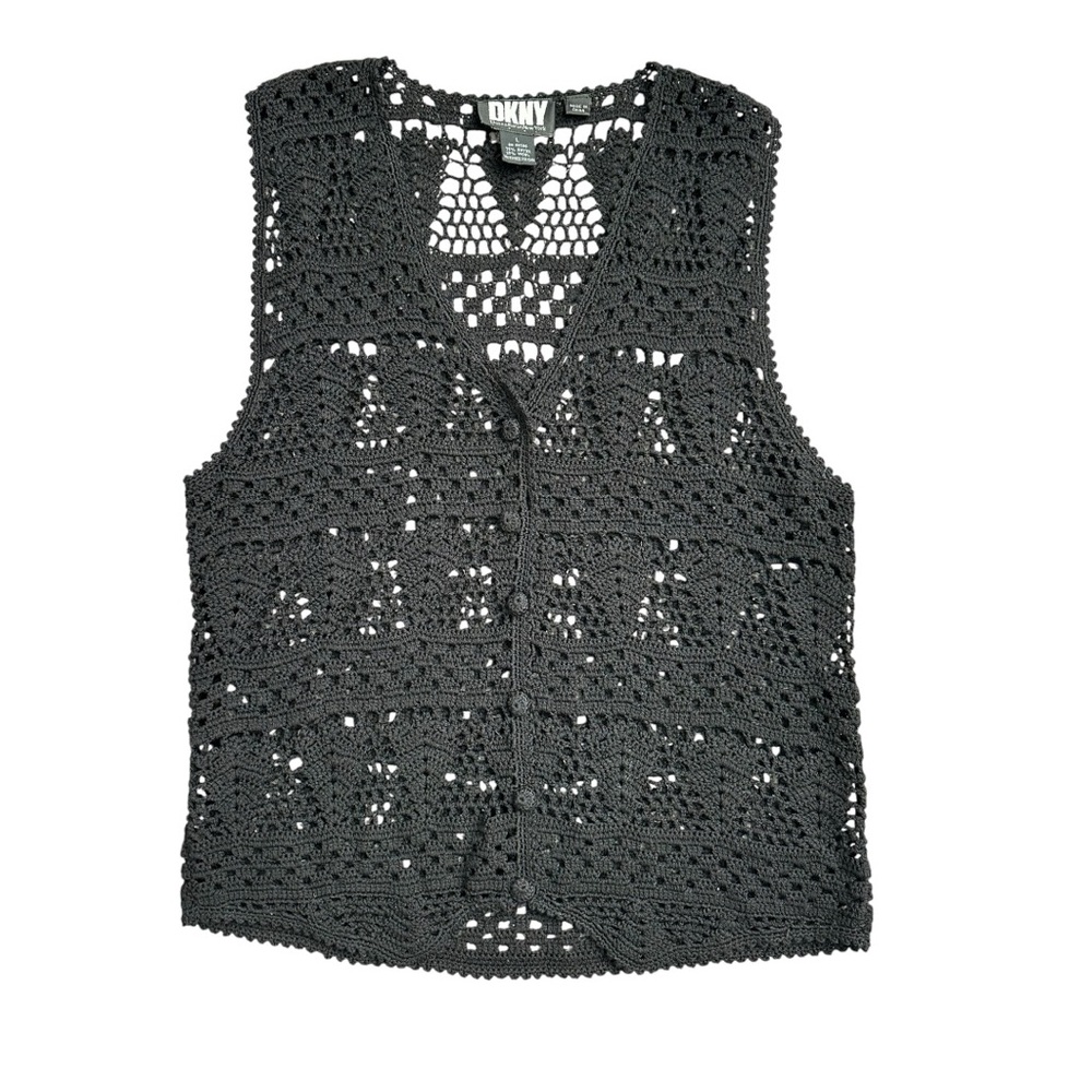 DKNY Black Crochet Knit Vest